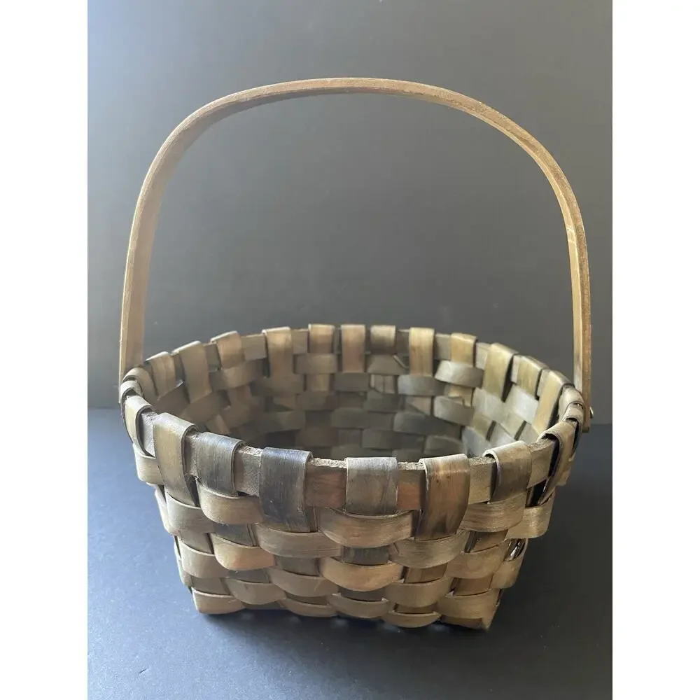Vtg Gathering Basket Vegetable Slat Wood Woven Handcrafted Farmhouse Cottage